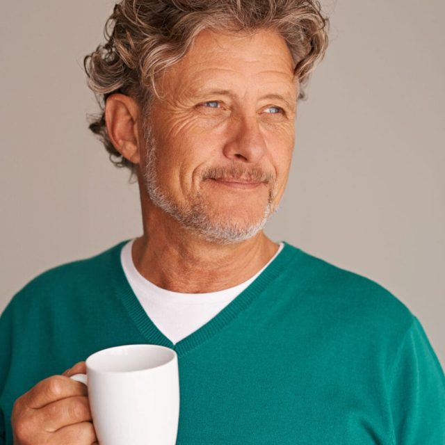 Cropped studio shot of a handsome mature man holding a mug.